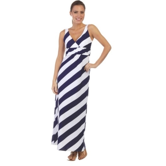 Jude Connally Sz M Stretch Long Maxi Dress Nautical Navy White Striped V Neck - Picture 2 of 7